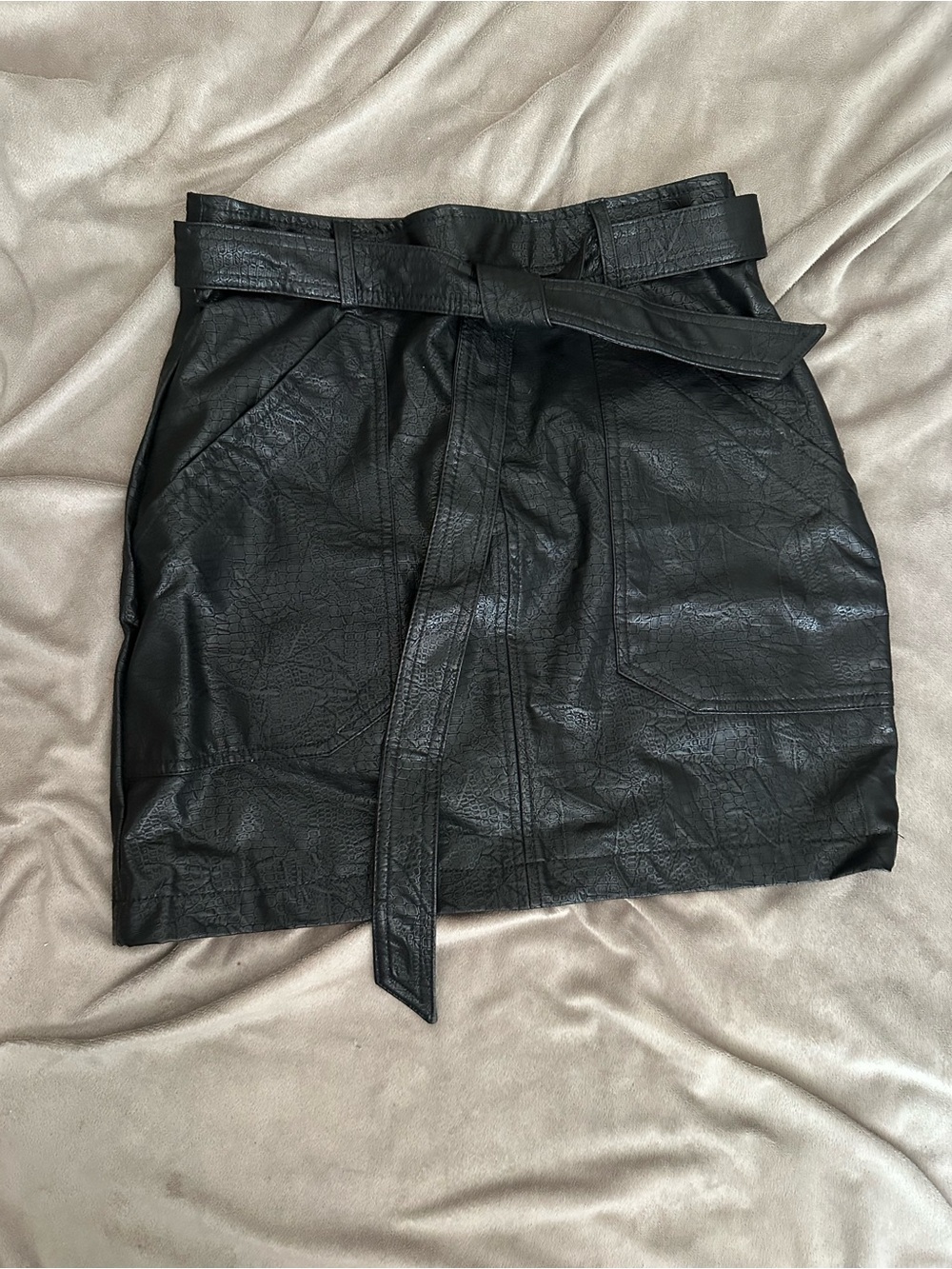 Shinestar Black Faux Leather Mini Skirt with Tie Waist